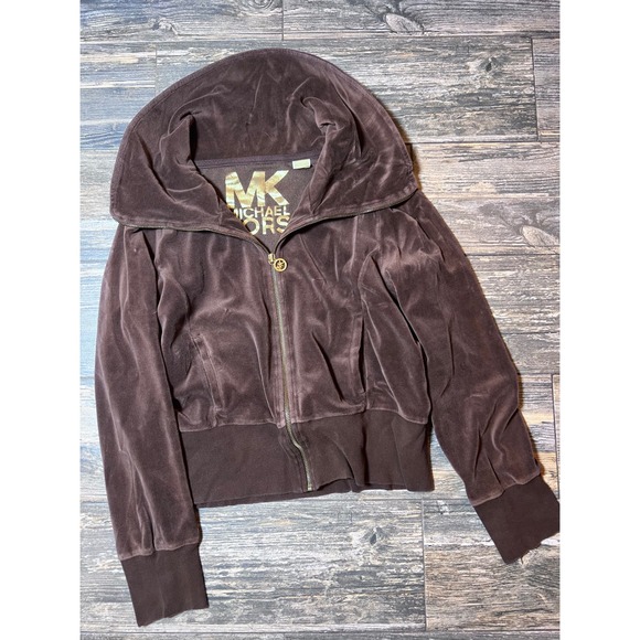 Michael Kors Velour Full Zip Hoodie Jacket Dark Brown Gold Logo XL Y2K Cozy - Picture 1 of 8